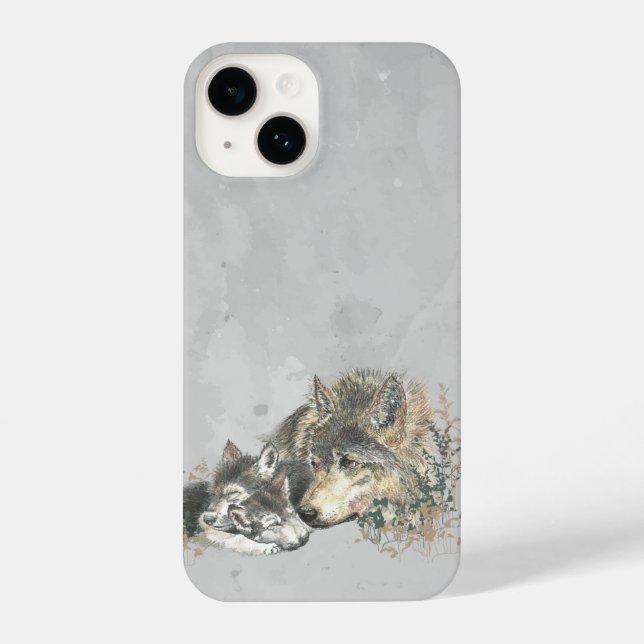 Watercolor Mother Father Wolf & Cubs Animal Art iPhone Case (Back)