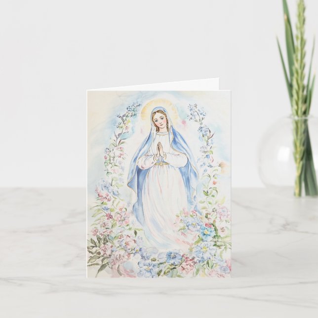 Watercolor Mother Mary Religious Catholic Floral  Holiday Card (Front)
