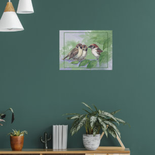 Watercolor Mother Sparrow Feeding Chicks Poster