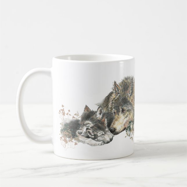 Watercolor Mother Wolf & Cubs Animal Art Coffee Mug (Left)