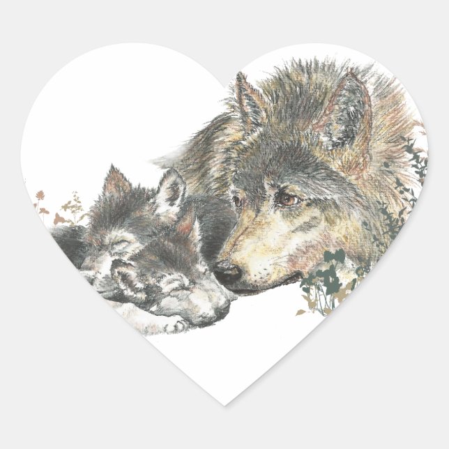 Watercolor Mother Wolf & Cubs Animal Art Heart Sticker (Front)