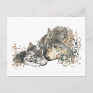 Watercolor Mother Wolf & Cubs Animal Art Postcard