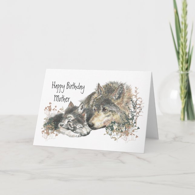 Watercolor Mother Wolf & Cubs Mum Happy Birthday Card (Front)