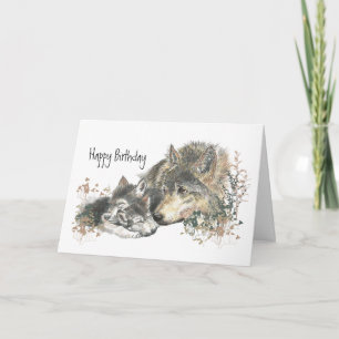 Watercolor Mother Wolf & Cubs Mum Happy Birthday Card
