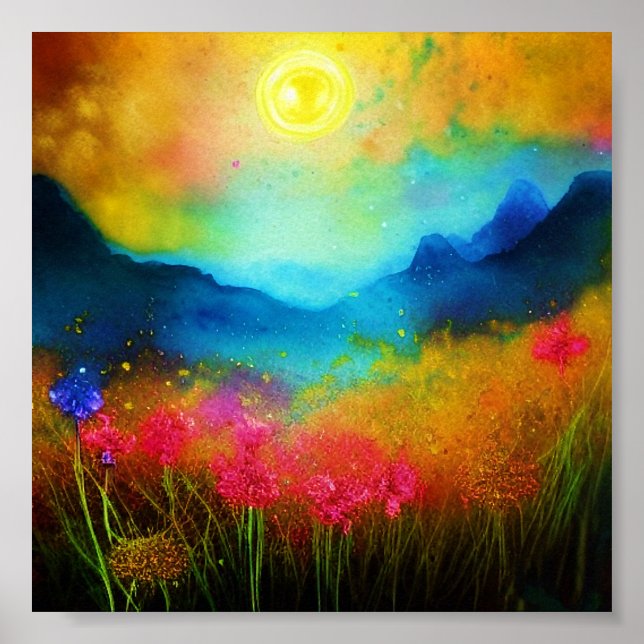 Watercolor mountain and wildflowers poster (Front)