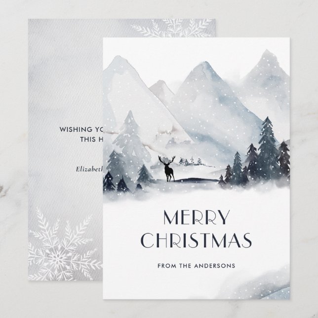 Watercolor Mountain Deer Snowflake Christmas Cards (Front/Back)