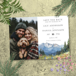Watercolor Mountain Floral Photo Wedding Save The Date