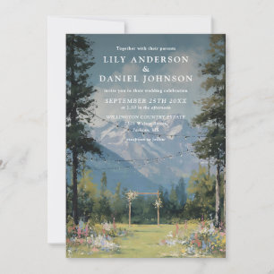 Watercolor Mountain Floral String Lights Wedding Invitation