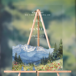 Watercolor Mountain Floral Wedding Welcome Acrylic Sign