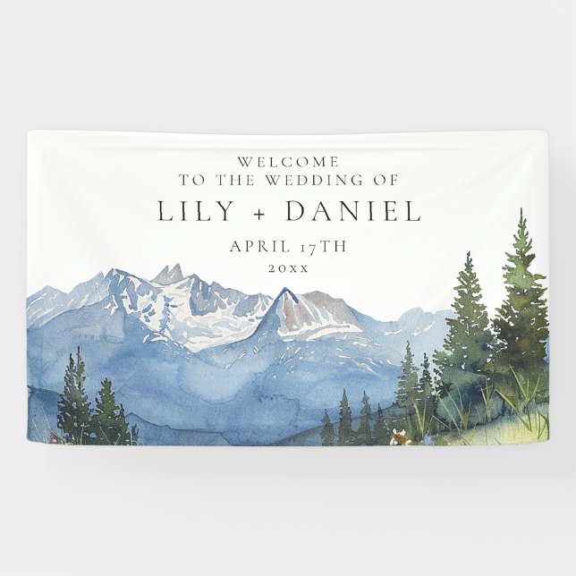 Watercolor Mountain Floral Wedding Welcome Banner (Horizontal)