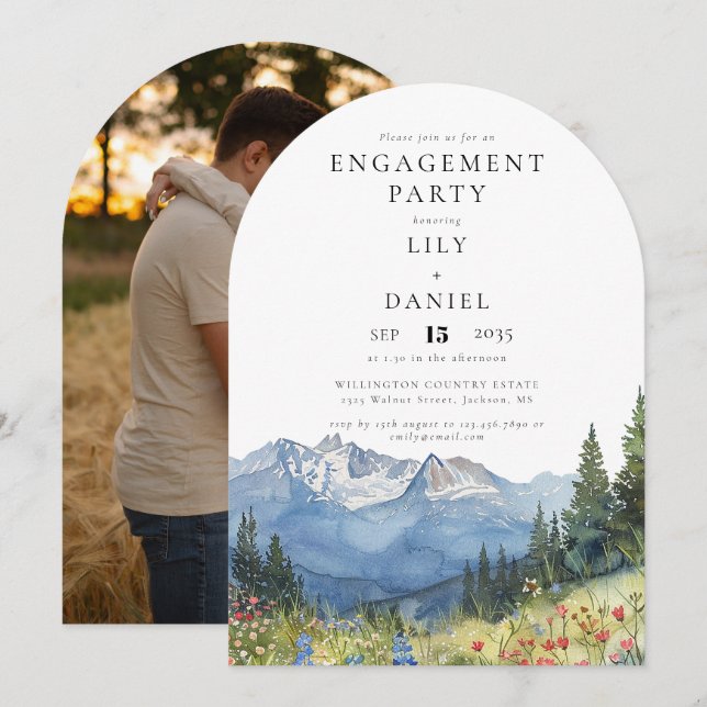 Watercolor Mountain Flowers Photo Engagement Party Invitation (Front/Back)