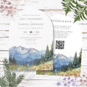 Watercolor Mountain Flowers QR Code Wedding Arch Invitation