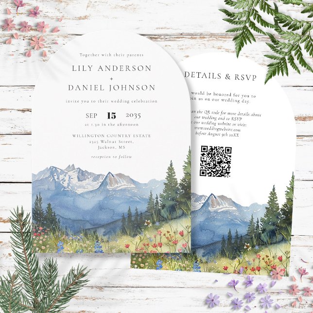 Watercolor Mountain Flowers QR Code Wedding Arch Invitation (Watercolor Mountain Flowers QR Code Wedding Arch Invitation)