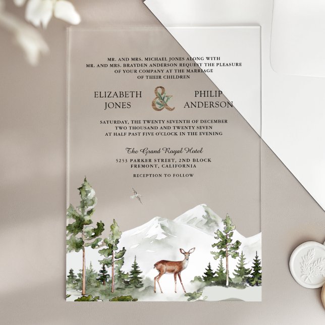 Watercolor Mountain Forest Deer Wedding Acrylic Invitations (Creator Uploaded)