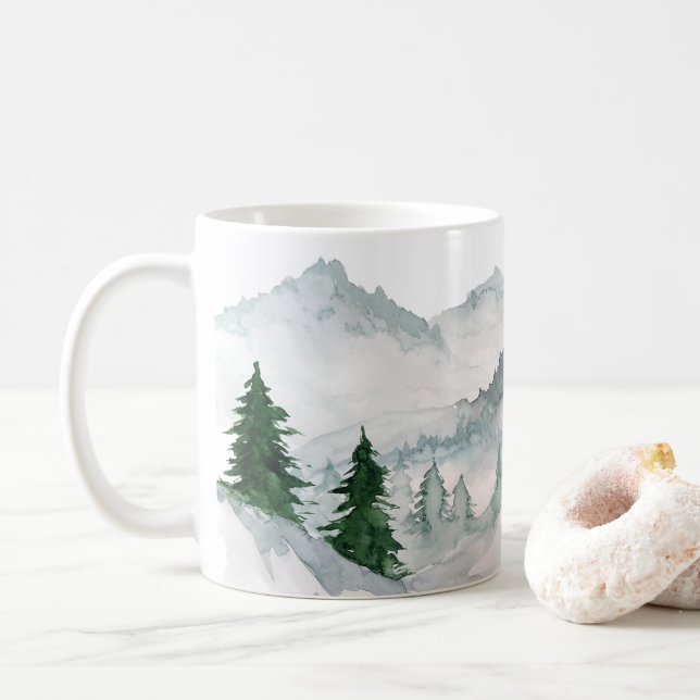 Watercolor Mountain Forest Landscape Ceramic Coffee Mug (With Donut)