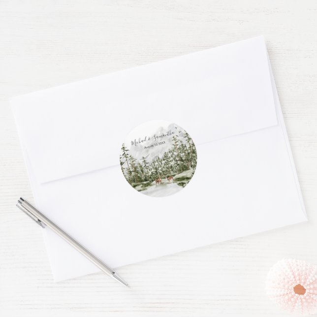 Watercolor Mountain Forest Rustic Wedding Classic Round Sticker (Envelope)