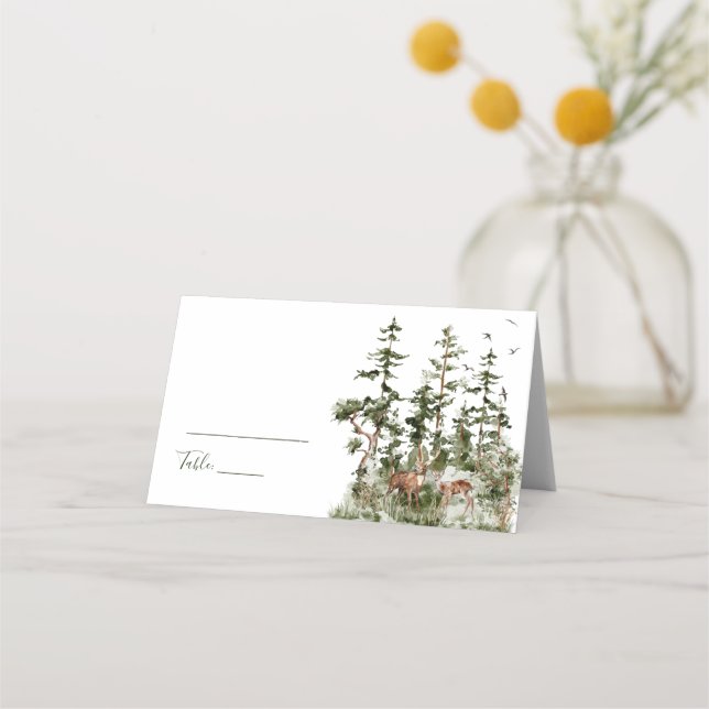 Watercolor Mountain Forest Rustic Wedding Place Card (Front)