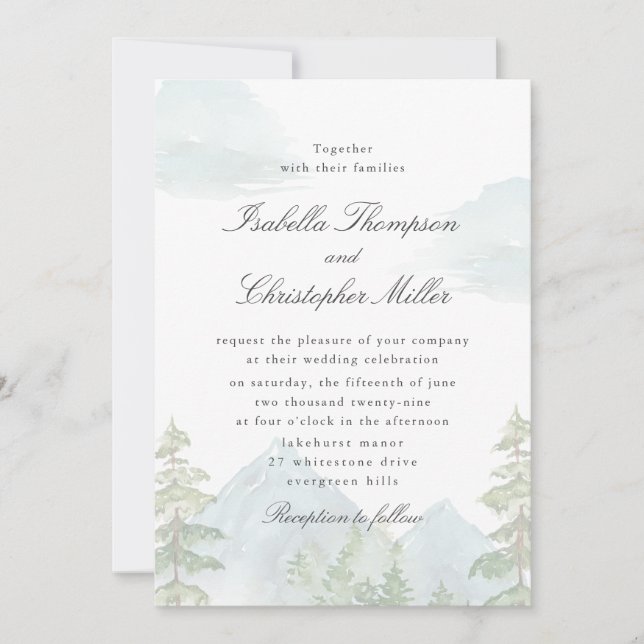 Watercolor Mountain Forest Wedding Invitation (Front)