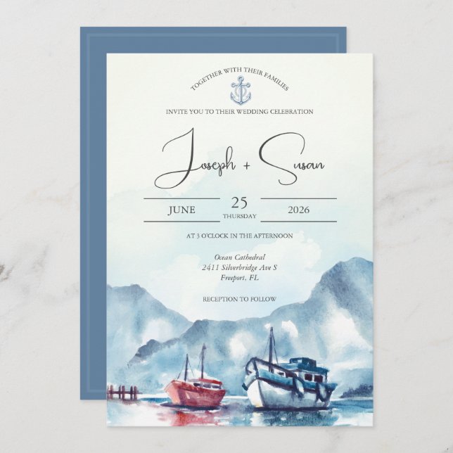 Watercolor Mountain Glacier Boat Anchor Wedding Invitation (Front/Back)