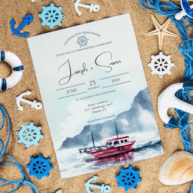 Watercolor Mountain Glacier Boat Wheel Wedding Invitation (Creator Uploaded)