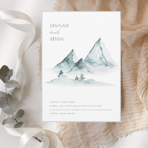 Watercolor Mountain Green and White Winter Wedding Invitation