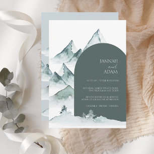 Watercolor Mountain Green Winter Wedding Invitation