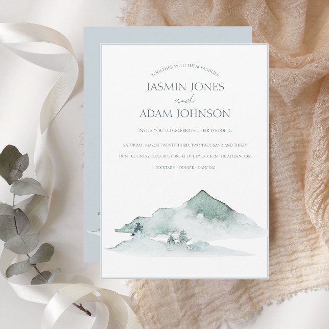 Watercolor Mountain Greenery Winter Wedding Invitation (Creator Uploaded)