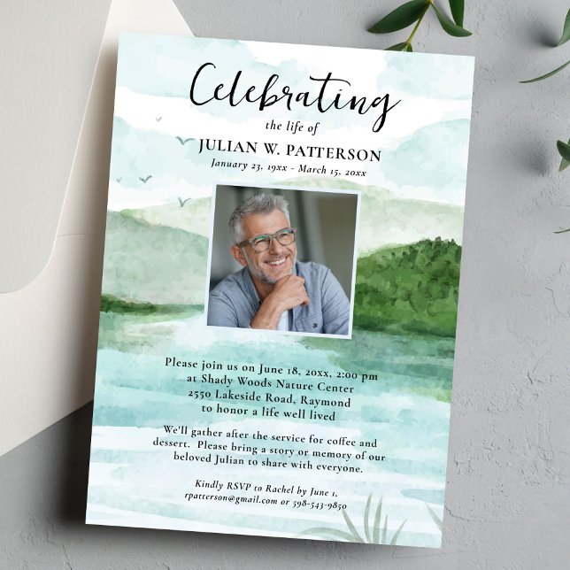 Watercolor Mountain Lake Celebration of Life Photo Invitation (Creator Uploaded)