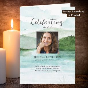 Watercolor Mountain Lake Download Funeral Program Card
