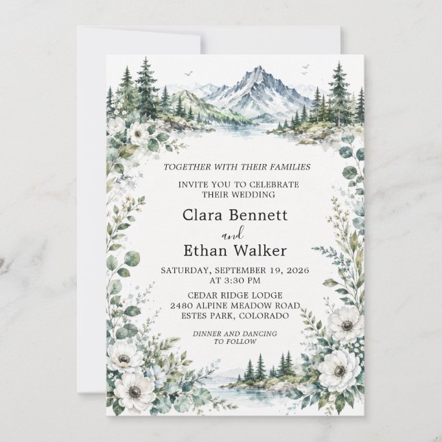 Watercolor Mountain Lake Forest Wedding Invitation (Front)