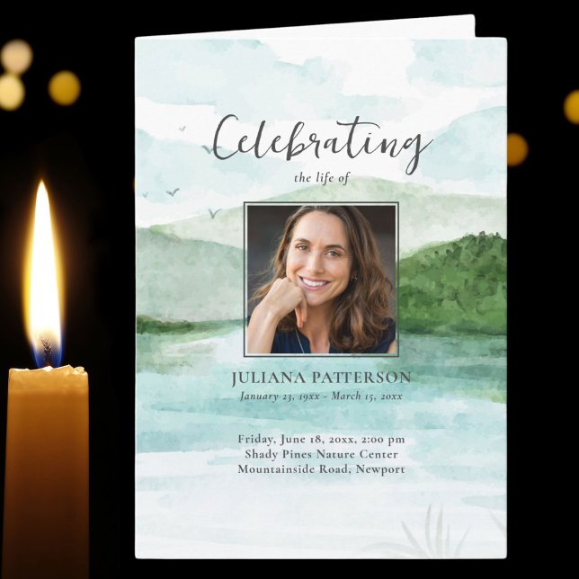 Watercolor Mountain Lake Funeral Order of Service Programme (Creator Uploaded)