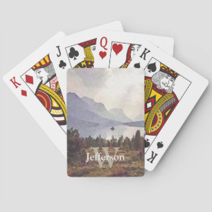Watercolor Mountain Lake Name and Initial Template Playing Cards