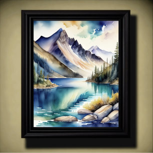 Watercolor Mountain Lake Scene 4:5 Poster
