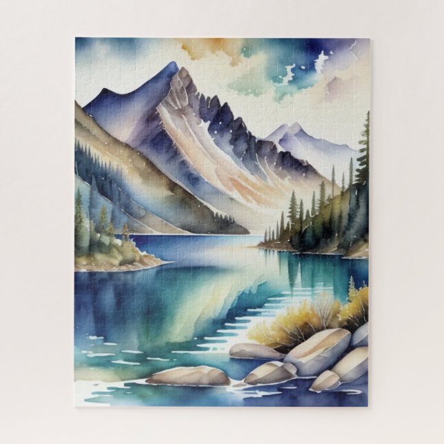 Watercolor Mountain Lake Scene 4:5 Poster Jigsaw Puzzle (Vertical)