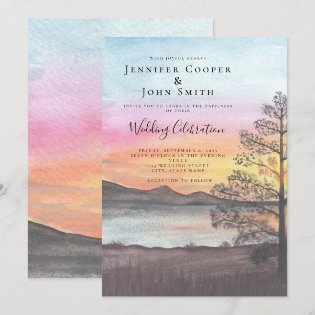 Watercolor Mountain Lake View  Wedding Invitation (Front/Back)