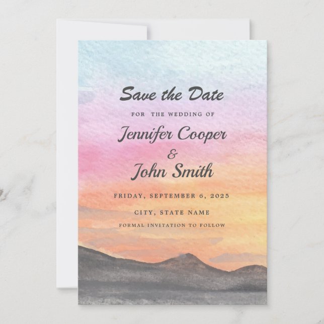 Watercolor Mountain Lake View Wedding Save The Date (Front)
