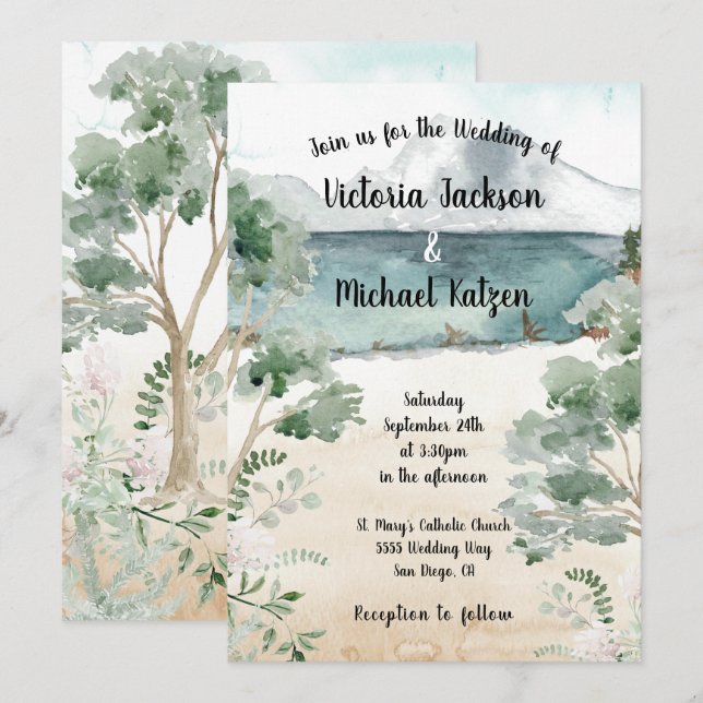 Watercolor Mountain lake Wedding invitations (Front/Back)