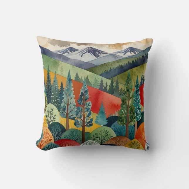 Watercolor Mountain Landscape Design | Vibrant For Cushion (Front)