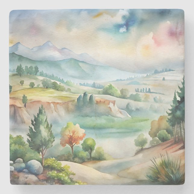 Watercolor Mountain Landscape Stone Coaster (Front)