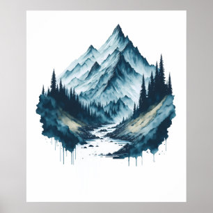 Watercolor Mountain Landscape with River Poster