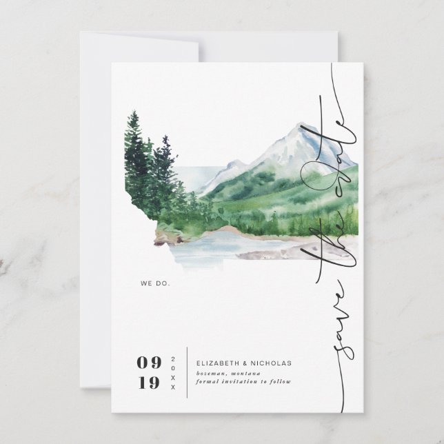 Watercolor Mountain | Montana Map Save the Date (Front)