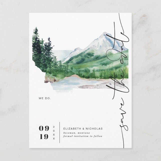 Watercolor Mountain | Montana Map Save the Date Announcement Postcard (Front)