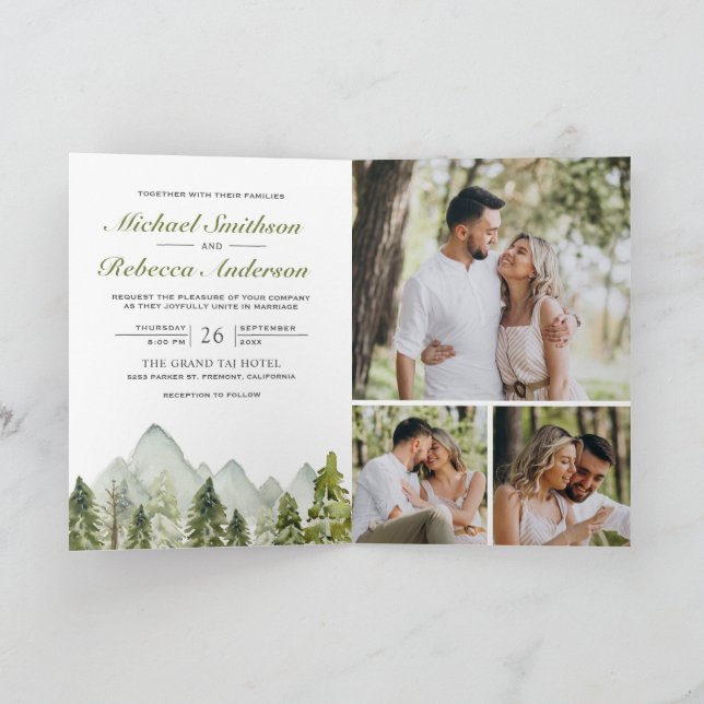 Watercolor Mountain Pine Forest QR Code Wedding Invitation (Inside)