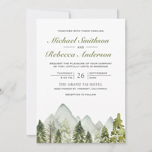 Watercolor Mountain Pine Forest QR Code Wedding Invitation (Front)