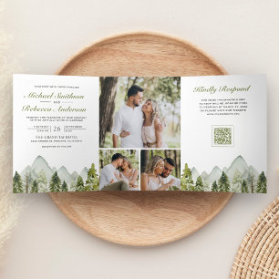 Watercolor Mountain Pine Forest QR Code Wedding Tri-Fold Invitation