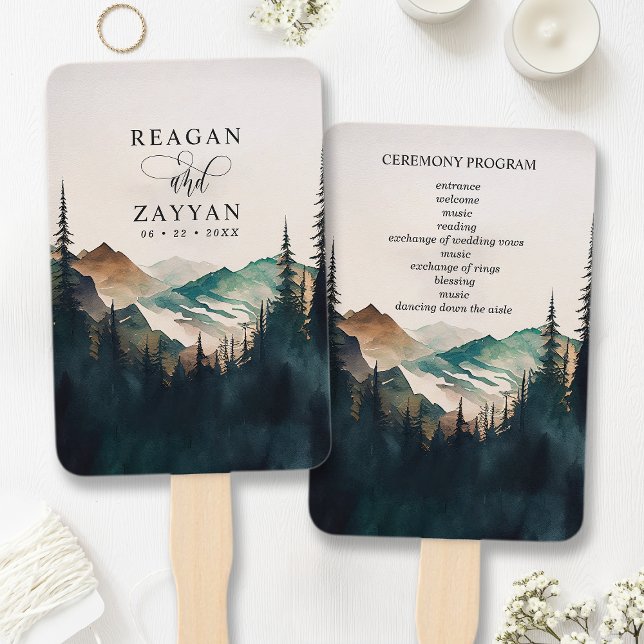 Watercolor Mountain Pine Forest Wedding Program Hand Fan (Creator Uploaded)