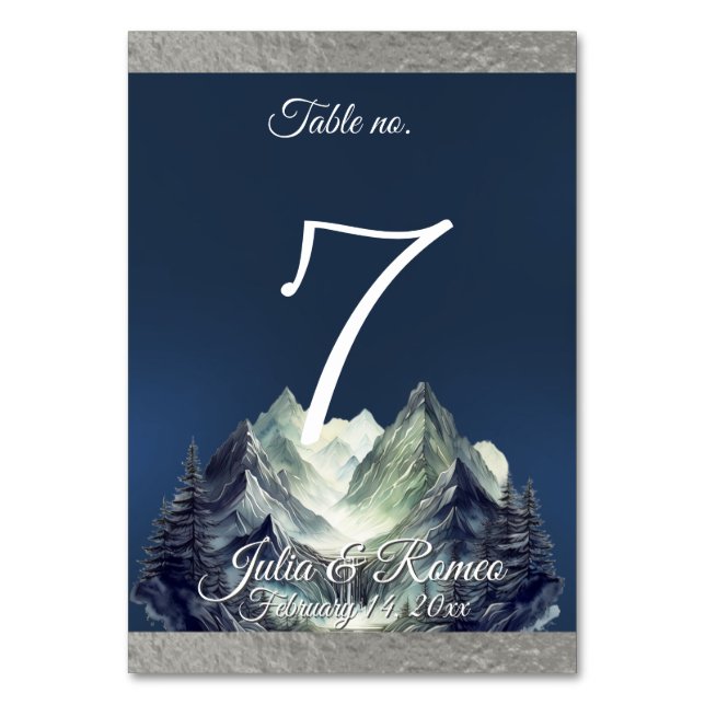 Watercolor Mountain & Ribbon Wedding 2 Table Number (Front)