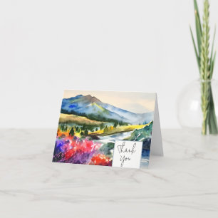 Watercolor mountain river and flowers customisable card