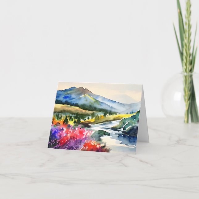 Watercolor mountain river and flowers customisable card (Front)