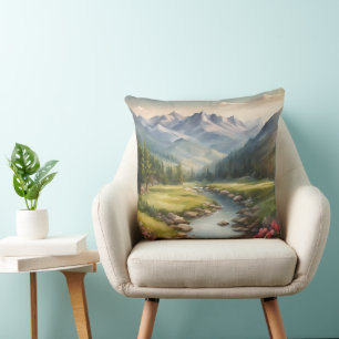 Watercolor Mountain River Landscape  Cushion